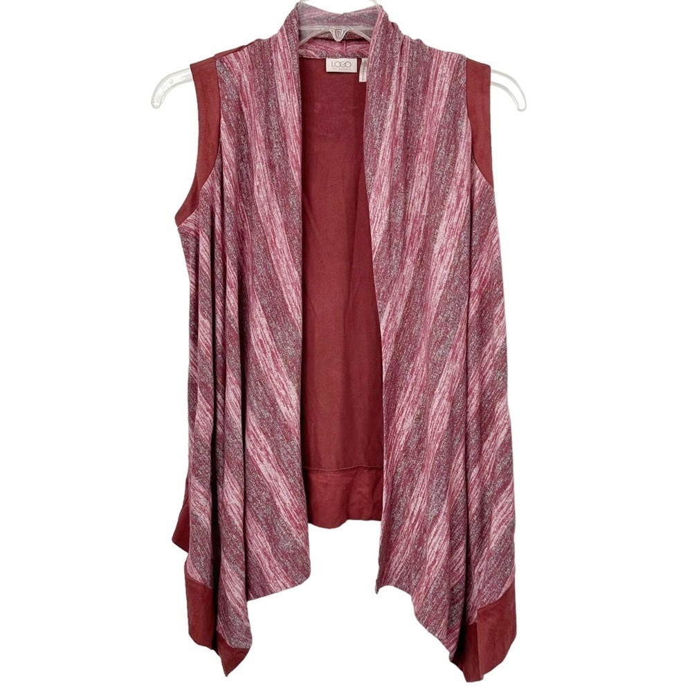 LOGO by Lori Goldstein Space Dye Striped Drape Vest w Faux Suede in Redwood Sz S
